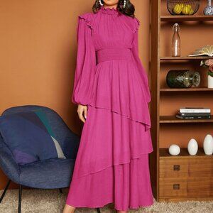 SHEIN Frill Trim Lantern Sleeve Layered Dress XS Hot Pink